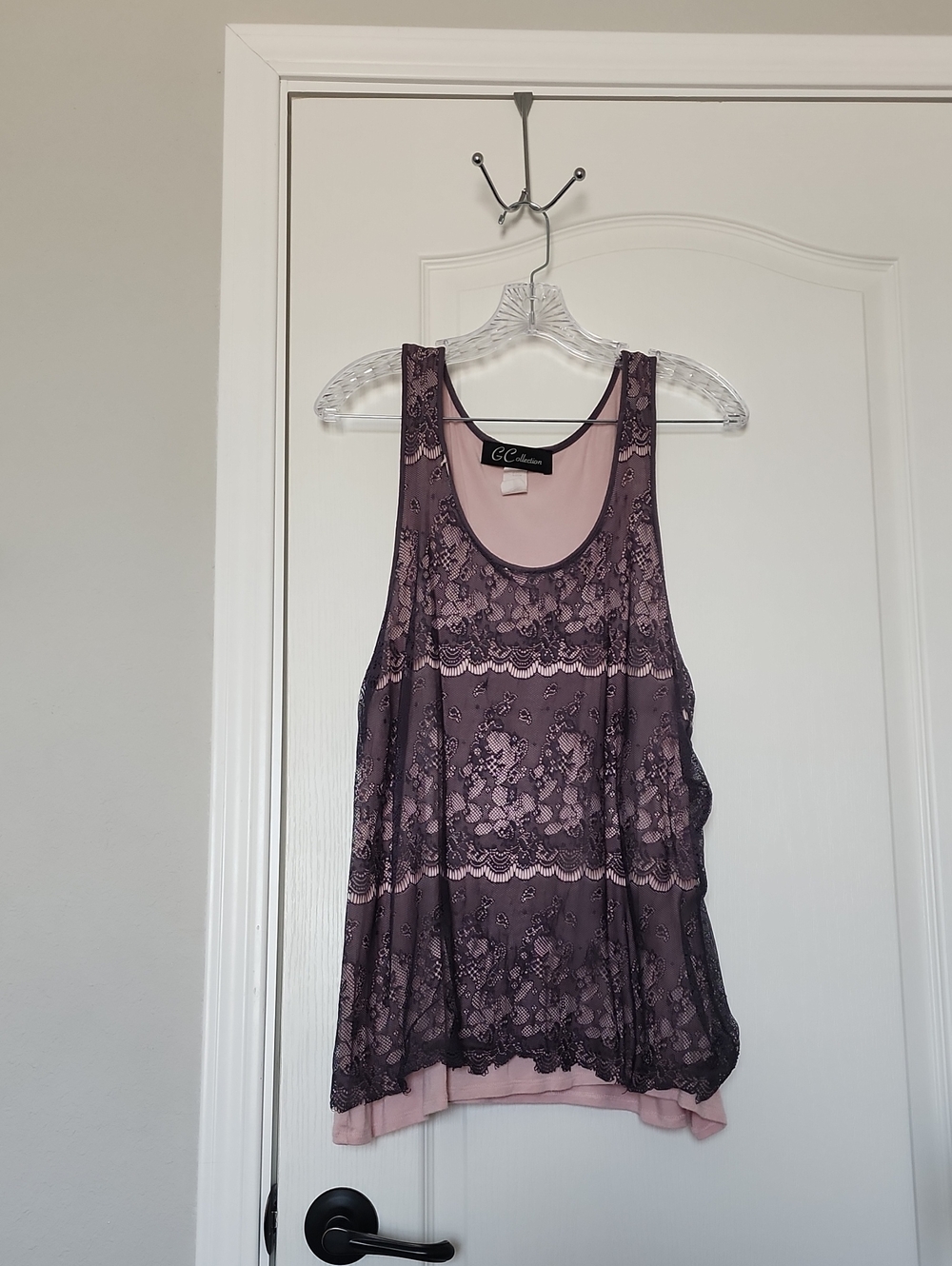 Pink With Grey Lace Overlay Scoop Neck Tank